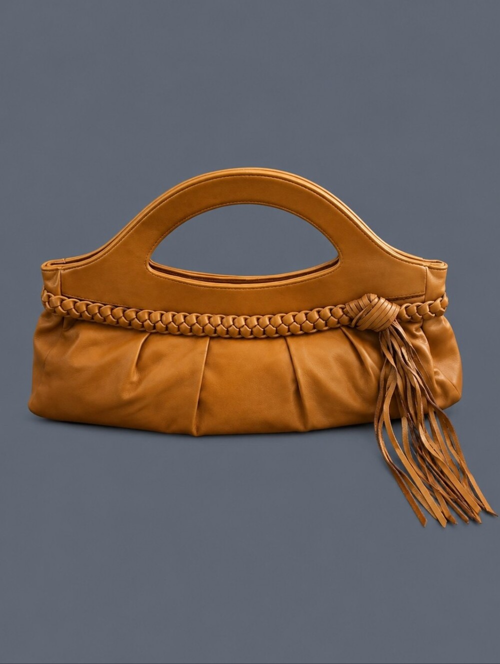Vtg NEWPORT NEWS 1994 Light Brown Braided Fringe Leather Clutch Bag